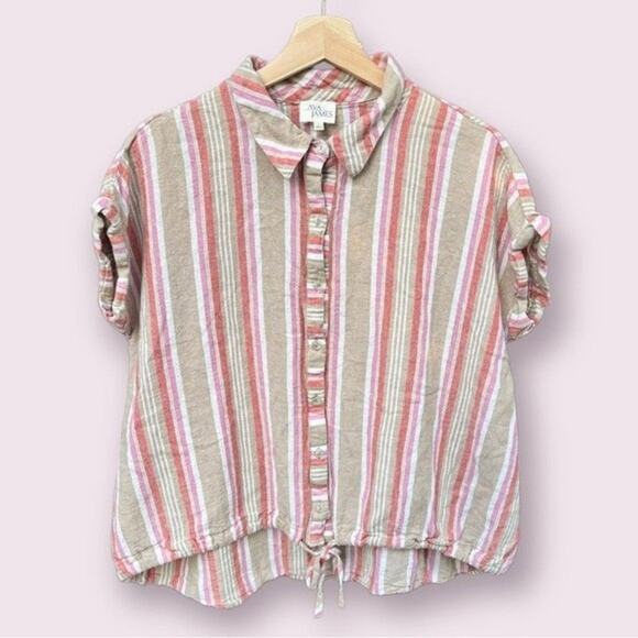 Ava James Striped Linen Button Up Drawstring Hem Top Size L - Picture 1 of 5